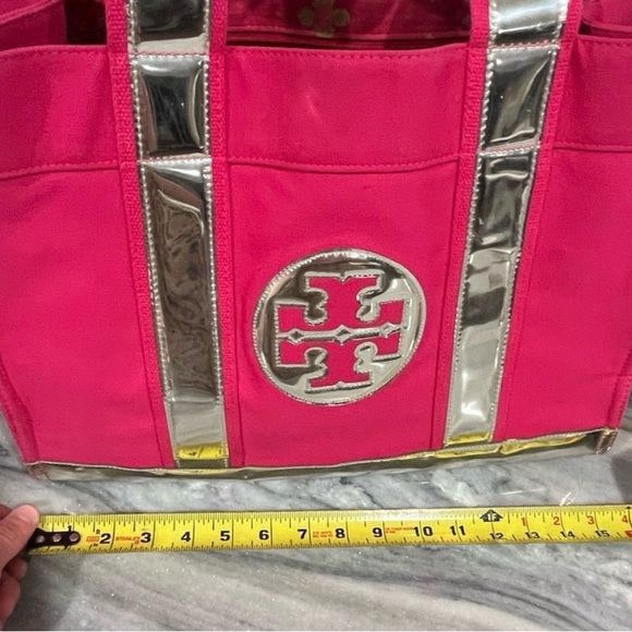 Rare Pink Canvas Tory Burch Tote Bag with Gold Accents - Picture 9 of 16